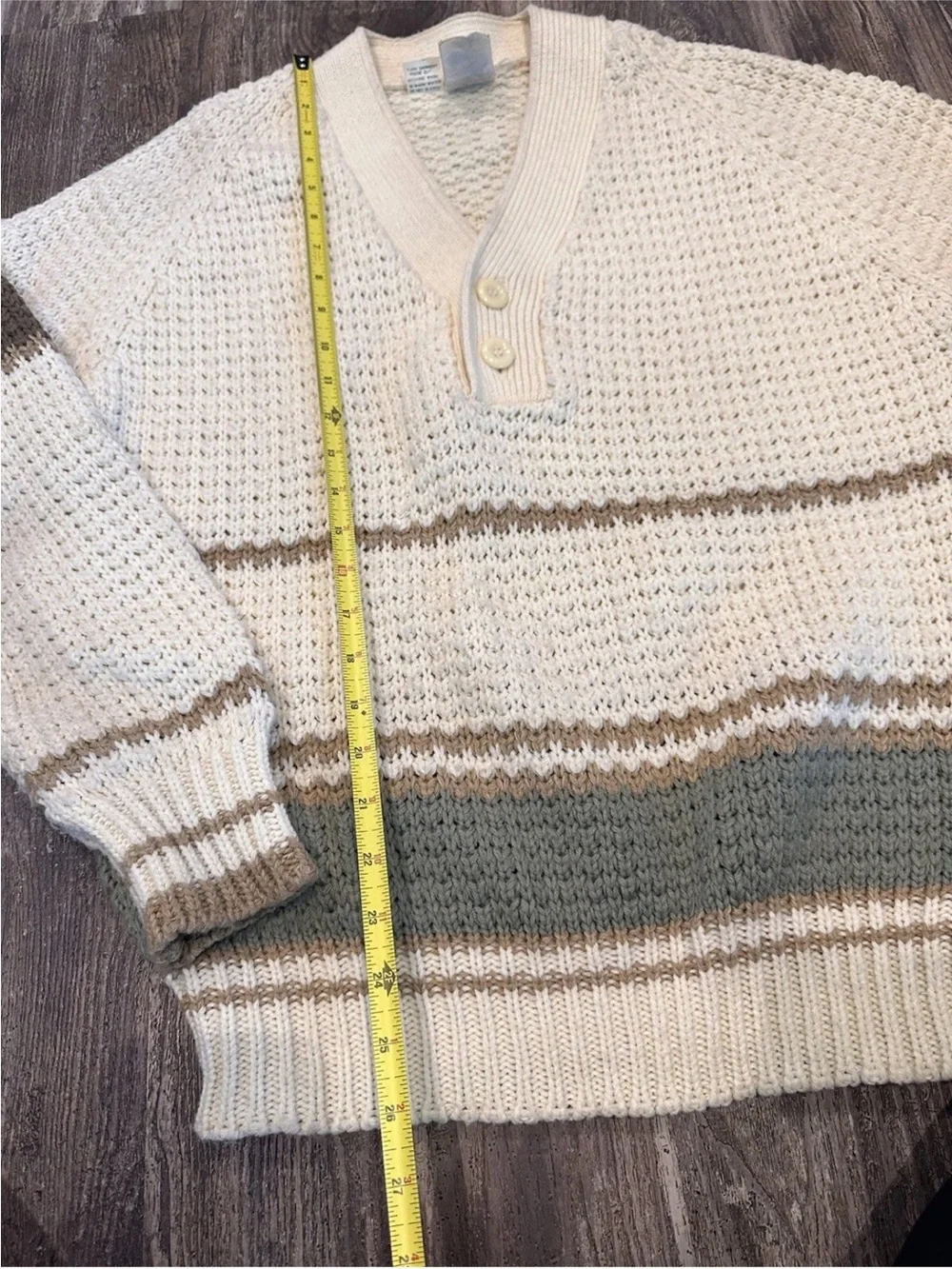 Cream V-Neck Knit Sweater with Taupe and Gray Stripes